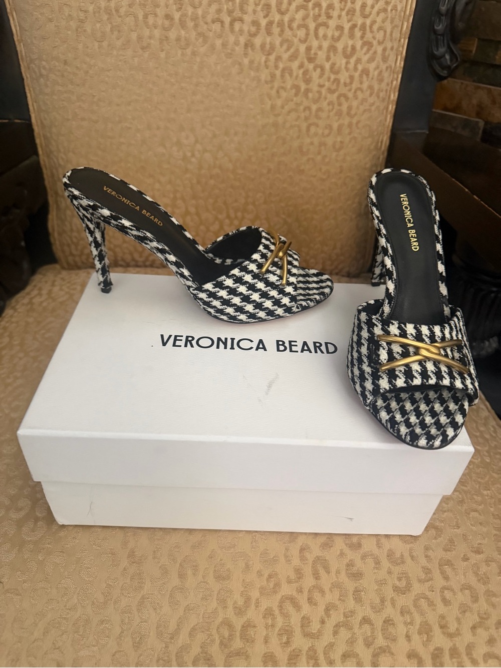Veronica Beard Black & White Houndstooth Slip-On Heel Mules with Gold Accent
